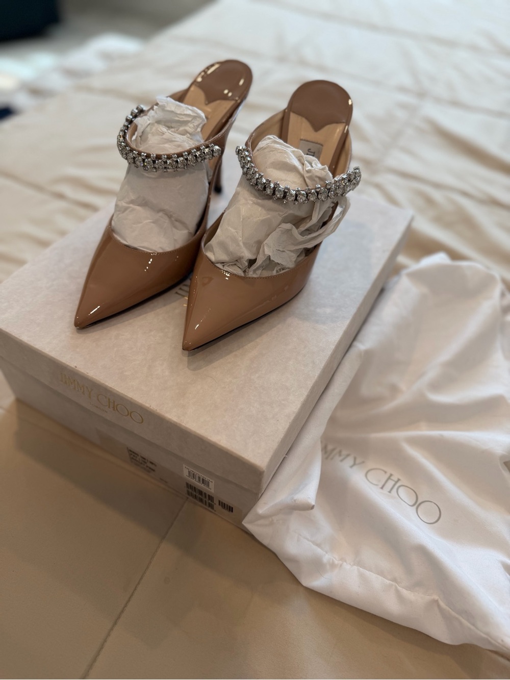 Jimmy Choo Beige Bing Patent Crystal-Strap High-Heel Pumps. Excellent condition